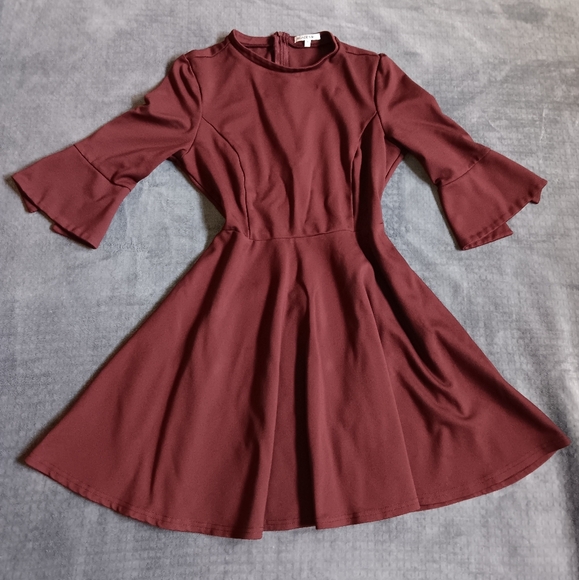 Black Swan Dresses & Skirts - Burgundy Whimsigoth Midi Dress, 3/4 Bell Sleeve Stretchy, Fall Summer
